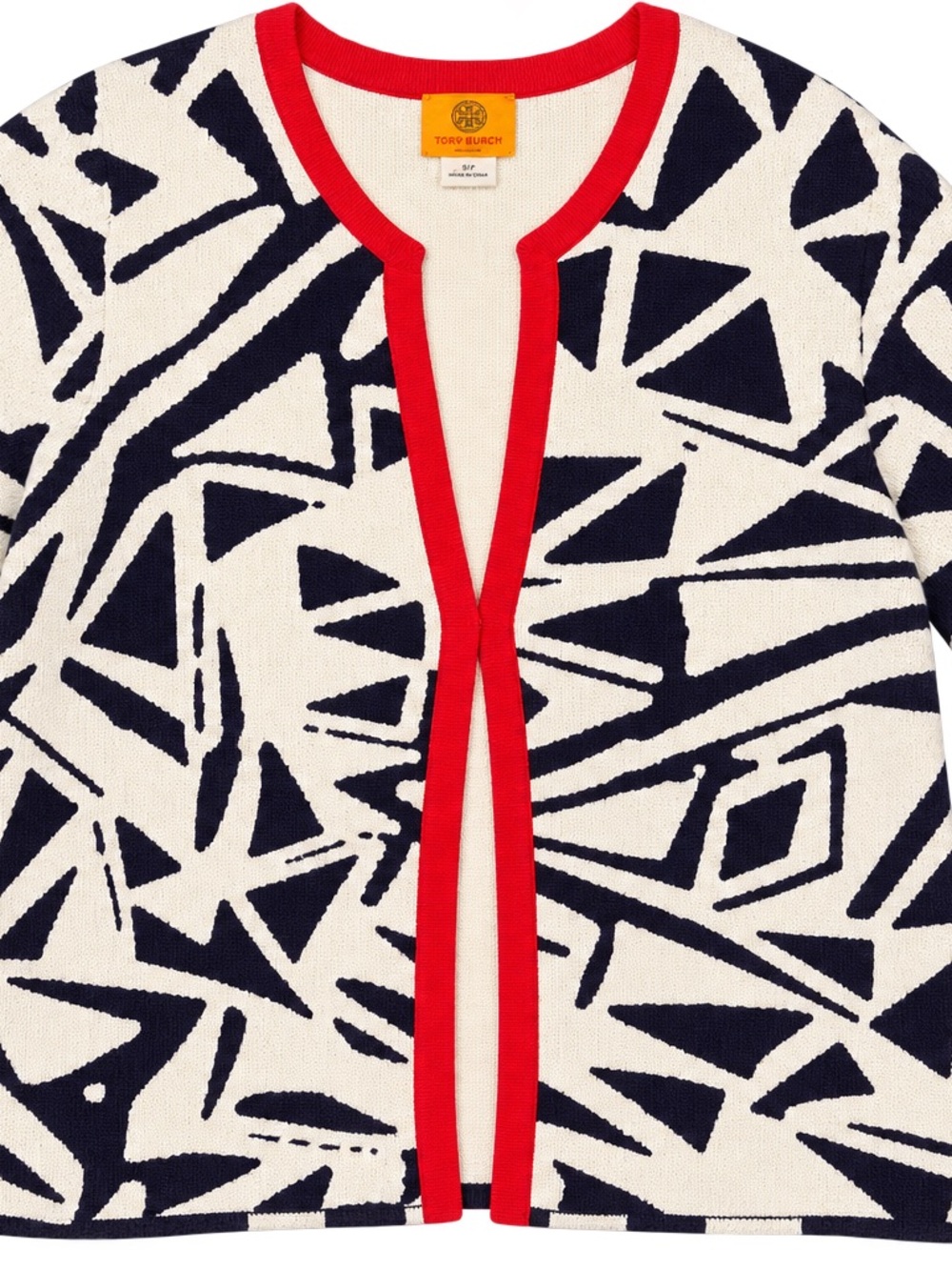 Ruby Rd. Navy and White Geometric Cardigan with Red Trim